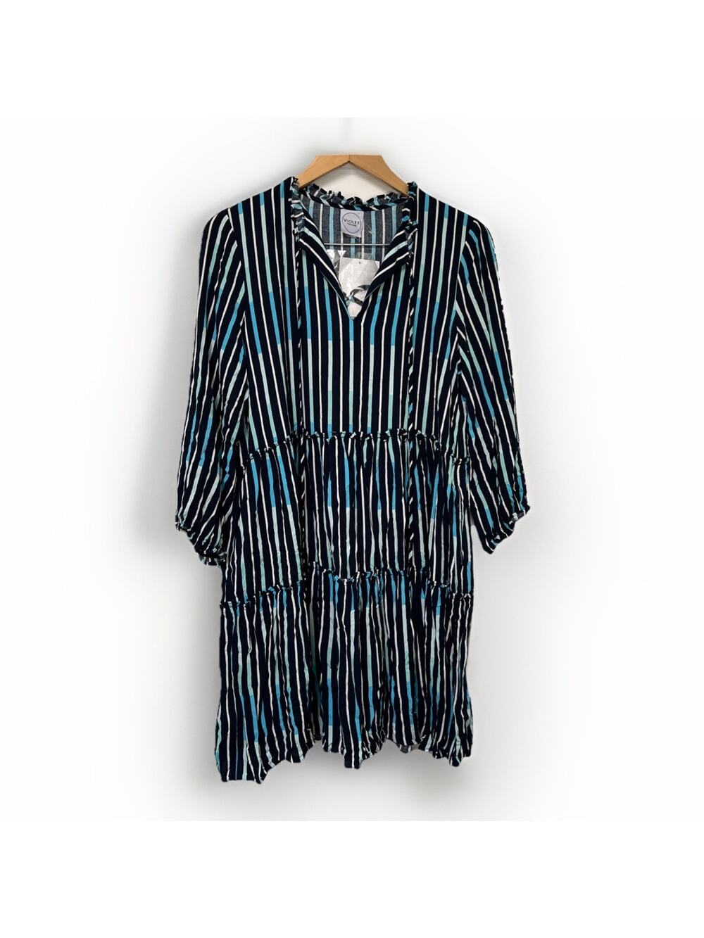 Violet Weekend Dress Size Large Blue Striped Tiered Ruffle Pockets Knee NEW